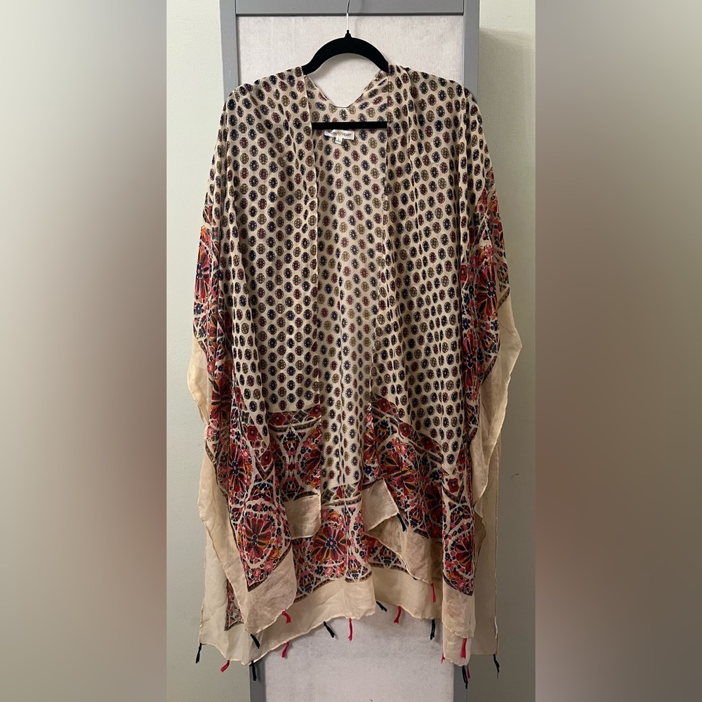 Woven Heart Large Multicolor Fringe Tassel Floral Kimono Swim Cover Shawl Boho